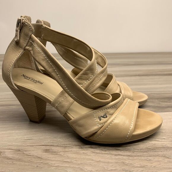 Nero Giardini Block Heels Strappy Beige Back Zip Women’s Shoes Size EU 38 US 7.5 - Picture 1 of 12